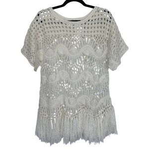 DENIM 24/7 Women’s‎ Cream Sweater Detailed Soft Crochet Fringe Short Sleeve L